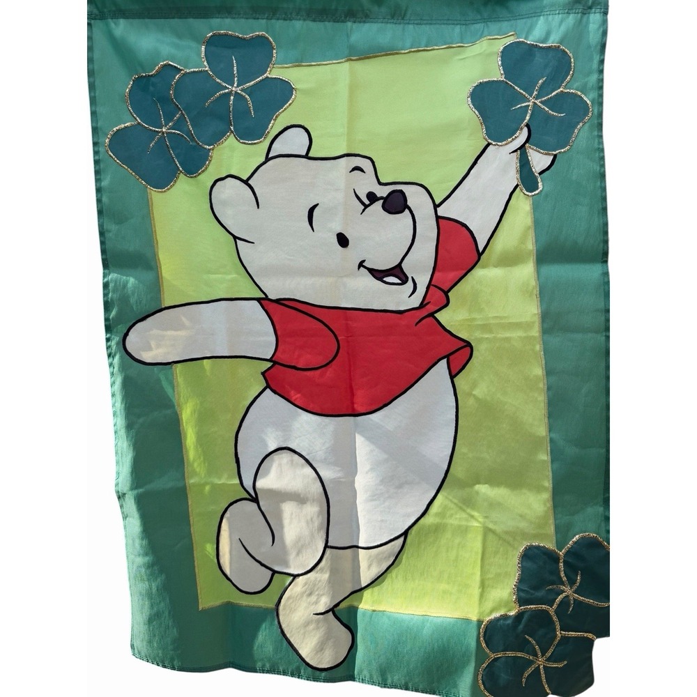 Vintage Disney Winnie The Pooh ST Patricks Day Garden House Flag 1998 Shamrocks - Picture 2 of 3